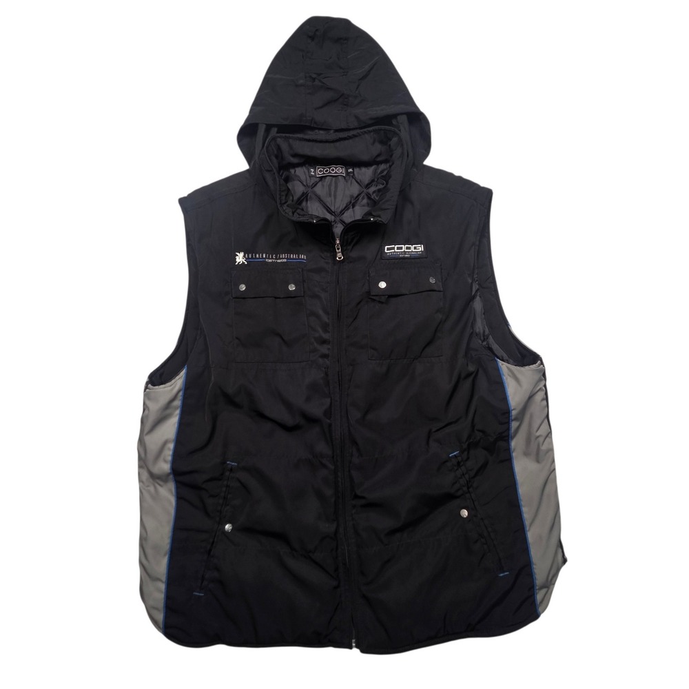 Vintage Coogi Puffer Vest Men XXL Black Y2K Full Zip Hooded Streetwear Outerwear